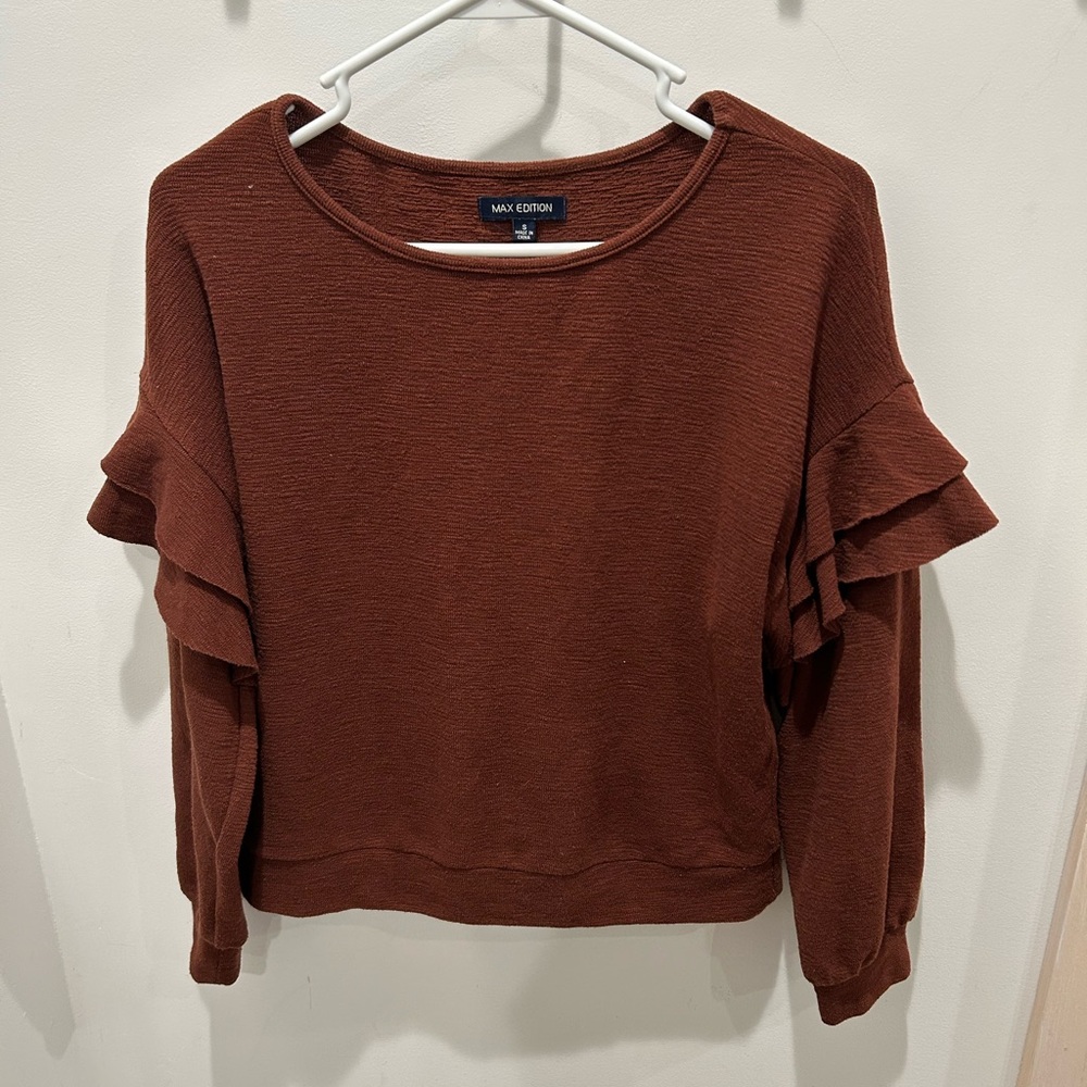 Max Edition Brown Ruffle Sleeve Long Sleeve Top Size Small